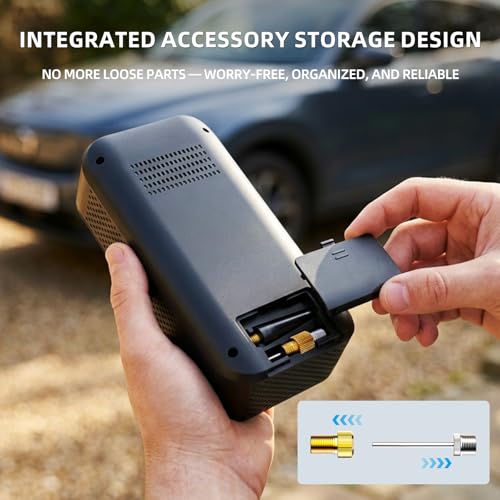 Portable Tire Inflator, 150PSI Cordless Air Compressor with 12V DC Power | Dual Power 5400mAh Air Pump, 6-Min Inflation, Auto Shut-off, Pressure Gauge, LED Light, Built-in Storage, for Car Bike Ball