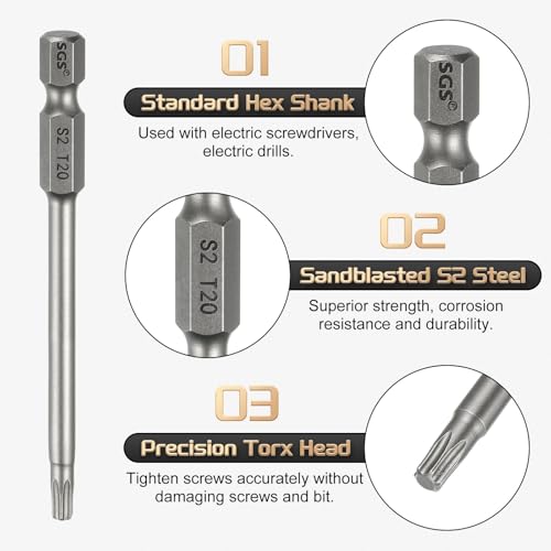 HARFINGTON 5pcs T20 Torx Head Screwdriver Bit 1/4" Hex Shank 3.15" (80mm) Long Magnetic No Hole Tip Tamper Proof 6 Point Star Screw Driver Drill Bits S2 Steel Industrial Power Screwdrivers - size: T20 x 3.15"(80mm)