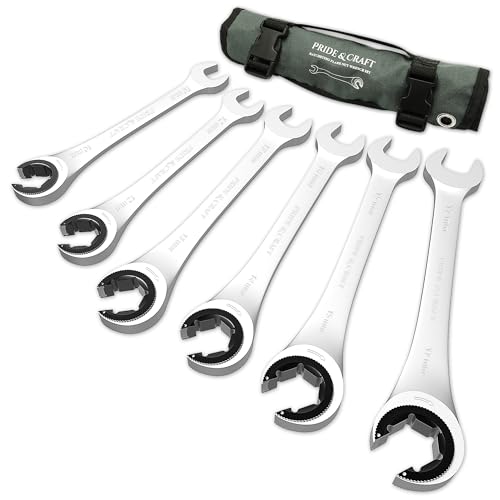 PRIDE&CRAFT 6-Piece Ratcheting Flare Nut Wrench Set, Metric Tubing Wrench Set, 10-17mm, CR-V Steel, Open-head Brake Line Wrench Set with Organizer Pouch - size: 6PC Metric Ratcheting