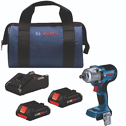 Bosch GDS18V-330CB25 18V Brushless Connected-Ready 1/2 In. Mid-Torque Impact Wrench Kit with Friction Ring and Thru-Hole and (2) CORE18V® 4 Ah Advanced Power Batteries - style: w/ (2) 18V 4 Ah Batteries