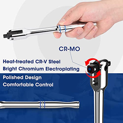 WORKPRO Dual Drive Breaker Bar, 3/8" & 1/4" Drive, Heavy Duty Breaker Bars, 8-inch Length with 360° Rotatable Head, Spring-loaded Detent Ball, Chrome Vanadium Steel Made - color: Silver, size: 8" × Dual Drive 3/8"+1/4"