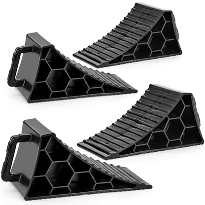 PAHTTO Wheel Chocks 4 Pack, RV Chocks with Handles for RV Trailer Camper Car Truck, Wheel Block Stopper for Tire, Strong RV Wheel Chocks Hexagonal Honeycomb Structure, RV Trailer Accessories - color: Black
