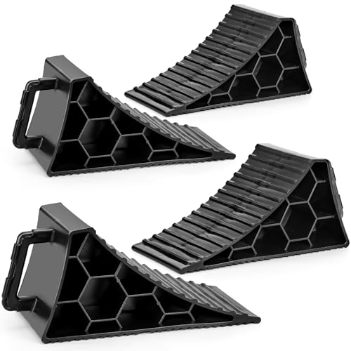 PAHTTO Wheel Chocks 4 Pack, RV Chocks with Handles for RV Trailer Camper Car Truck, Wheel Block Stopper for Tire, Strong RV Wheel Chocks Hexagonal Honeycomb Structure, RV Trailer Accessories - color: Black