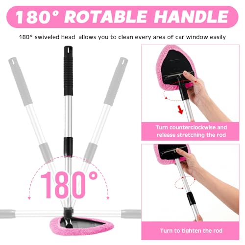 Baderke 10 Pcs Windshield Cleaner Tool Car Window Cleaning Supplies with Extendable Handle Include 6 Washable Microfiber Bonnets 2 Empty 60ml Spray Bottle Glass Wiper Kit(Pink) - color: Pink