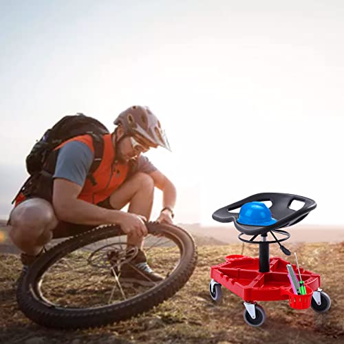 Rolling Garage Stool, 300LBS Capacity Work Seat 20-25inch Height Adjustable Mechanics Stool with Wheels Large Tool Tray with Two Bottle Holder Garage Pneumatic Stool for Workshop Garage