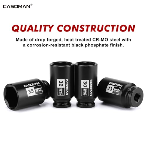 CASOMAN 1/2” Drive Deep Big Impact Socket Set, 13-Piece Large Spindle Axle Nut Impact Wrench Socket Set, 6 Point, CR-MO, Metric, 17mm - 41mm