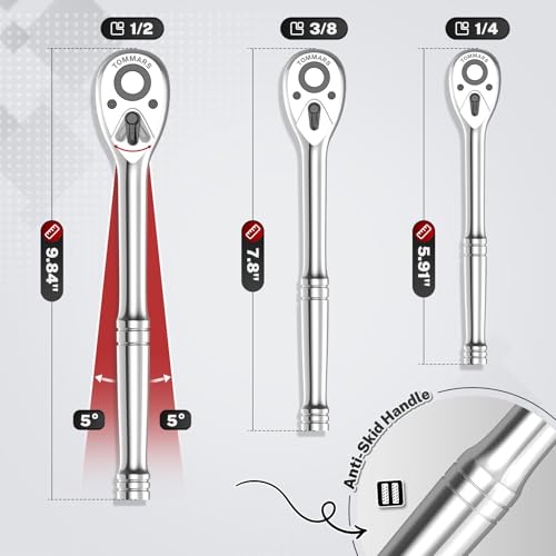 TOMMARS Ratchet Set 1/4" 3/8" 1/2" Drive Socket Wrench Mechanic Hand Tool | 72 Tooth 5-degree swing arc, Quick Release, Reversible - size: 1/4", 3/8", 1/2" Drive, style: Ratchet Set
