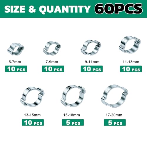 OURU 60PCS Double Ear Hose Clamps, 7 Sizes 5-20mm Galvanized Steel Crimp Rings for Hoses, Tubes, and Pipelines - size: 60PCS（5-20mm）