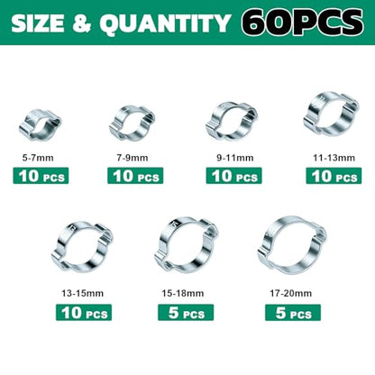 OURU 60PCS Double Ear Hose Clamps, 7 Sizes 5-20mm Galvanized Steel Crimp Rings for Hoses, Tubes, and Pipelines - size: 60PCS（5-20mm）