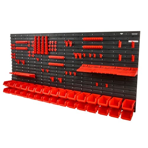 VEVOR Wall Mounted Storage Rack System, 30-Bin Parts Rack Organizer with Wall Panels/Tool Holders/Hooks, Garage Plastic Shop Tool Organizer for Nuts, Bolts, Screws, Nails, Beads, Buttons - style: 30-Bins with Tool Holders