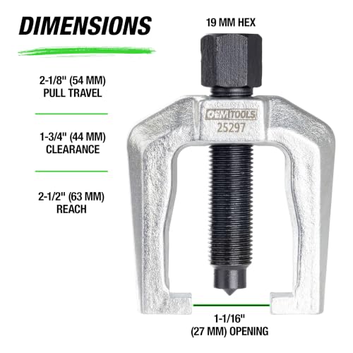OEMTOOLS 25297 1 1/16 Inch Tie Rod End and Pitman Arm Puller, Drop Forged Tie Rod Removal Tool | Tie Rod Removal Tool, Pull Travel 2-1/8" (54 mm), Reach 2-1/2" (63 mm), Clearance 1-3/4" (44 mm), 19mm Hex - style: Pitman Arm Puller AND Rod End
