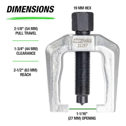 OEMTOOLS 25297 1 1/16 Inch Tie Rod End and Pitman Arm Puller, Drop Forged Tie Rod Removal Tool | Tie Rod Removal Tool, Pull Travel 2-1/8" (54 mm), Reach 2-1/2" (63 mm), Clearance 1-3/4" (44 mm), 19mm Hex - style: Pitman Arm Puller AND Rod End