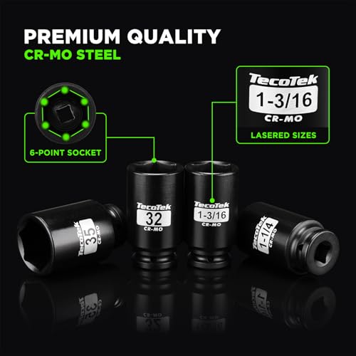 TecoTek 1/2" Drive Deep 6-Point Impact Socket Set, 21-Piece Spindle Axle Nut Impact Socket Set, CR-MO, SAE (1-1/16-Inch to 1-5/8-Inch) and Metric (27mm to 41mm) - size: 1-1/16-Inch to 1-5/8-Inch (21 pieces)