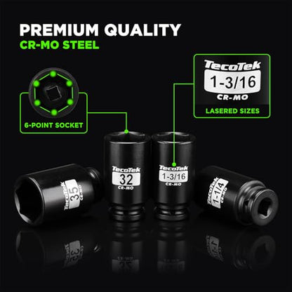 TecoTek 1/2" Drive Deep 6-Point Impact Socket Set, 21-Piece Spindle Axle Nut Impact Socket Set, CR-MO, SAE (1-1/16-Inch to 1-5/8-Inch) and Metric (27mm to 41mm) - size: 1-1/16-Inch to 1-5/8-Inch (21 pieces)