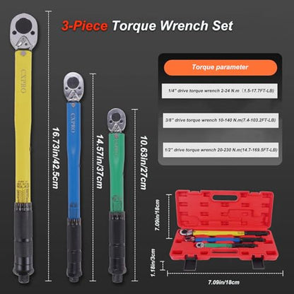 3Pcs Click Torque Wrench Set, 1/4", 3/8" & 1/2" Drive ±4% Accuracy, 72-Tooth Dual-Direction Adjustable Ratchet, 2-230N.m Dual Scale, Professional Repair Tools For Bike, Car, Motorcycle & DIY