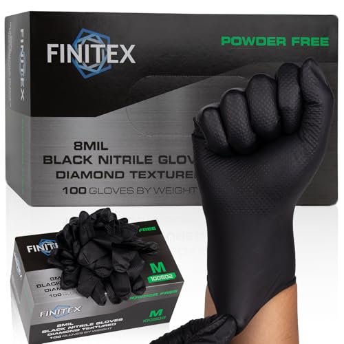 FINITEX Industrial Diamond Texture Nitrile Black Glove - 100/1000PCS Chemical Resistant 8mil Mechanic Disposable Gloves - color: Black (Medium 100)