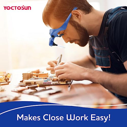 YOCTOSUN Magnifying Glasses with Light, Hands Free Headband Magnifier with 4 LED Lights and 5 Detachable Lenses 1X to 3.5X,Rechargeable Head Magnifier Glasses for Crafts, Hobby, Close Work - color: Deep Blue