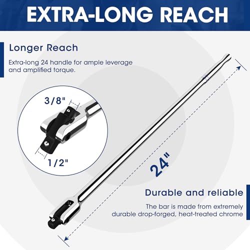 WORKPRO Dual Drive Breaker Bar, 3/8" & 1/2" Drive, Heavy Duty Breaker Bars, 24-inch Length with 360° Rotatable Head, Spring-loaded Detent Ball, Chrome Vanadium Steel Made - color: Silver, size: 24" × Dual Drive 3/8"+1/2"