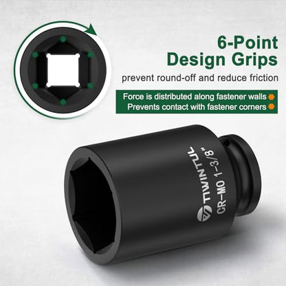1-3/8" Deep Impact Socket 1/2 Inch Drive for Large Vehicles | CR-MO Steel Impact Socket, 3.07" Length, 6 Point Design, SAE Size, Axle Nut Socket for Easy Removal of Axle Shaft Nuts - size: 1-3/8" (Deep)