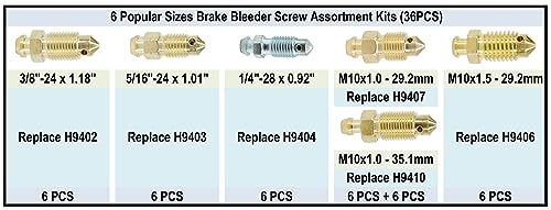 36 PCS Bleeder Valve,Brake Bleeder Screw Assortment Kit Replace H9402-6, H9403-6, H9404-6, H9406-6, H9407-6, H9410-6