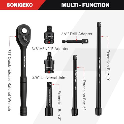 67-Piece 3/8" Drive Impact Socket Set,SAE 5/16"-3/4" & Metric 8-19mm | 6 Point CR-V Steel Sockets,Extension Bars ,20-Piece CR-MO Swivel Sockets, Universal Joint, Ratchet Handle and Adapter - size: 67 PCS, 3/8" Socket set, Metric & SAE & Swivel