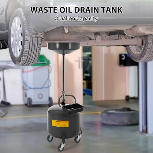 Garvee 8 Gallon Waste Oil Drain Tank, Portable Oil Drain Container, Air Operated Drainer, Fluid Fuel Transfer Drainage, Adjustable Funnel Height with Wheel &15'' Premium Bowl and a Toolbox - size: 8 Gallon-Black