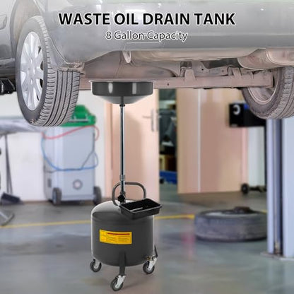 Garvee 8 Gallon Waste Oil Drain Tank, Portable Oil Drain Container, Air Operated Drainer, Fluid Fuel Transfer Drainage, Adjustable Funnel Height with Wheel &15'' Premium Bowl and a Toolbox - size: 8 Gallon-Black
