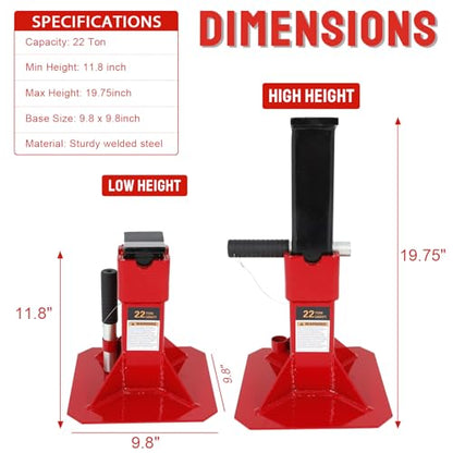 Heavy Duty Pin Type Car Jack Stands with Lock Adjustable Height to 19.75" Fit for Supporting Car SUV, Truck, Pick Up, Trailers and Equipment，22 Ton (44,000 lb) Capacity, Red, 1 Pair