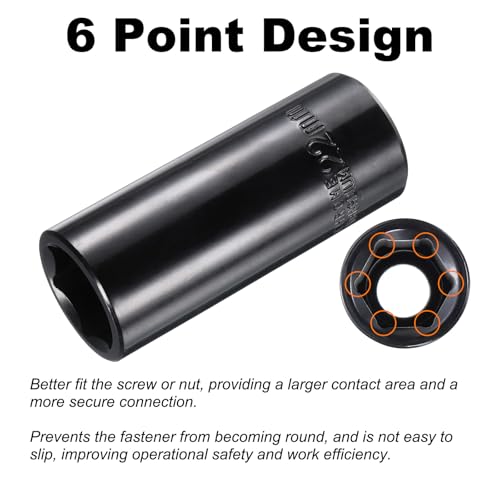 uxcell 1/2" Drive 6 Point Socket 22mm Metric Deep Impact Socket Chrome Vanadium Alloy Steel Square Drive 6-Point Sockets Mechanic Hand Tool for Pneumatic Wrench, Black Glossy