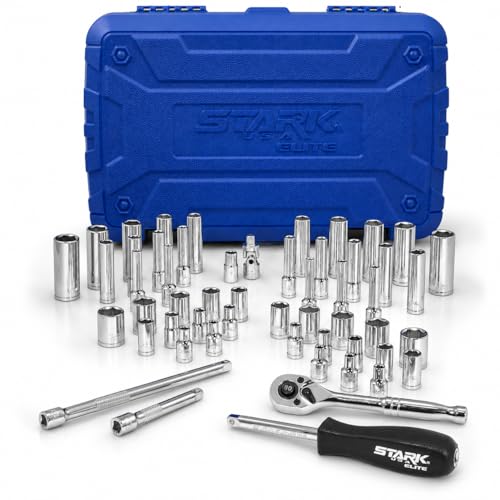 Stark USA 55-Pieces 1/4" Socket Set, Drive Socket Wrench Set, 1/4-inch Quick-Release Ratchets 90-Tooth Pear Head Ratchet SAE (5/32-9/16) MM (4-14) - style: 55pcs SAE/Metric Impact Socket Set