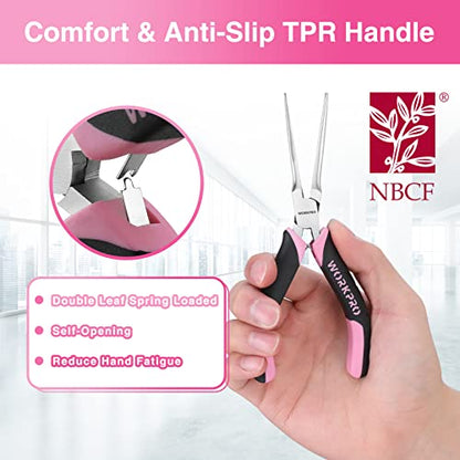 WORKPRO 6-Piece Mini Pliers Set | Needle Nose, Long Nose, Bent Nose, Diagonal, End Cutting and Linesman for Crafts Work, Electronic Repair, with Pouch - color: Pink