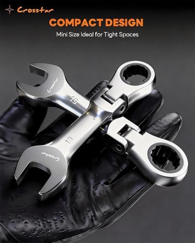 Crosstar 12-Piece Metric Stubby Flex-Head Ratcheting Combination Wrench Set with Rolling Pouch – 8-19mm, 90-Tooth, CR-V Steel, Compact Design for Tight Spaces