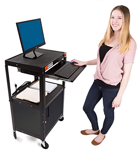 Stand Steady AV Cart with Locking Cabinet, Adjustable Height, UL Certified, Steel Frame, Black - color: Cabinet + Keyboard Tray, size: 24" L x 18" D x 42" H