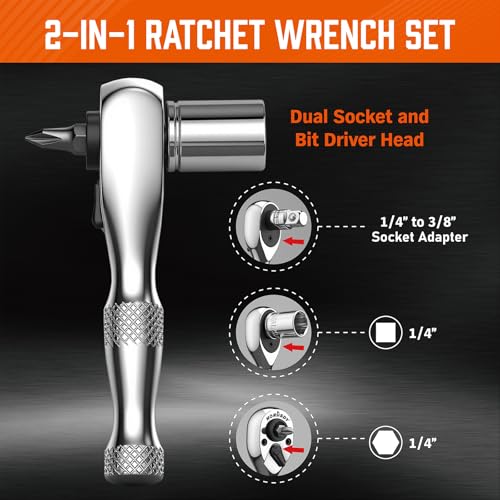 HORUSDY 1/4-Inch Stubby Ratchet Wrench Set, Chrome Alloy 90-Tooth Reversible 1/4" Drive Handle with Magnetic Bit Driver & 1/4" to 3/8" Adapter, Compact Socket Wrench for Tight Spaces, Auto, DIY - style: 1/4" Drive 90T stubby