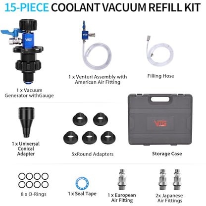 VTG VOGTEN Coolant Vacuum Refill Kit,15PCS Vacuum Coolant Fill Kit with Leak Detector,6 Adapters,Cooling System Vacuum Fill Tool with Dual-Movement Gauge,for Pressure Testing,Leak Detection