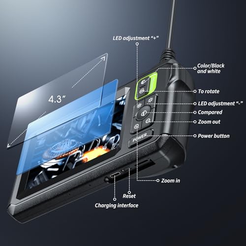 Endoscope Camera with Light, Inspection Borescope Camera with 4.3" IPS Screen, 1920P HD with 8 LED Lights, 16.5FT Semi-Rigid Cord Bore Scope, IP67 Waterproof Endoscope for Sewer, Tools(Green) - style: 16.5FT Single Lens-Green
