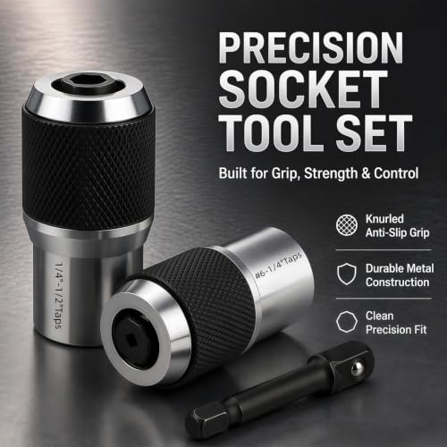 3PCS Adjustable Tap Socket Set, 3/8" Drive Tap Holder Adapter, for #6-1/4" & 1/4"-1/2" Taps, Reamer & Tap Chuck for Ratchet Wrench, Mechanical Repair Tapping Tools