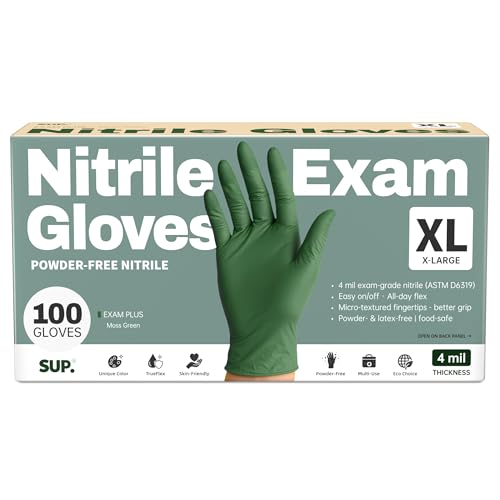 SUP Powder-Free Nitrile Exam Gloves, 100 Count Food Safe Latex-Free Disposable Gloves for Medical Lab Cooking Cleaning, Green - color: X-large (Moss Green)
