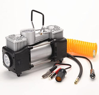 FLZOSPER 6-Piece Metal DC 12V Air Compressor Kit，Pump Tire Inflator Heavy Duty Double Cylinders, 150PSI Tire Air Pump with Adapter for Car, Truck, SUV Tires, Dinghy, Air Bed etc ，Silver