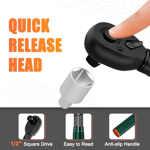 1/2" Click Torque Wrench, 20-180 Ft-Lb, 72-Tooth, ±3% Accuracy | Dual Direction Reversible Ratchet Head, Quick Release, for Motorcycle, Car, Automotive Tire & Lug Nut Maintenance - size: 20-180 ft.lb（1/2-Inch）