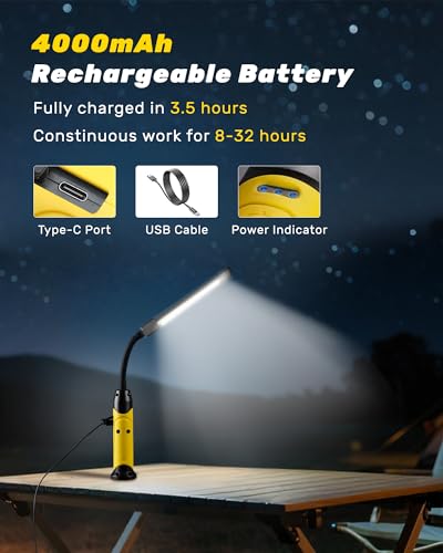 Magnetic LED Work Light Rechargeable,1000LM Flexible Gooseneck Magnetic Flashlight with Top & Base Magnets, Portable Mechanic Light for Auto Repair, Work Bench, Inspection, Emergency