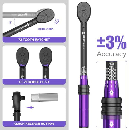 ANPUDS 3/8 Inch Drive Click Torque Wrench, 5-45 Ft-Lb/6.8-61Nm | Dual Direction, ±3% Accuracy, 72 Tooth, Lightweight Aluminum Torque Wrench for Bicycle, Moto and Car Spark Plug Repair - size: 3/8" 5-45 Ft-Lb/6.8-61Nm