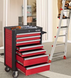 Upgrade 7-Drawer Rolling Tool Chest with Locking Wheels & Drawers, 18.5" D x 27.9" W x 39.5" H Mobile Tool Storage Cabinet, Heavy-Duty Garage Organizer w/Ergonomic Handle - color: Red and White