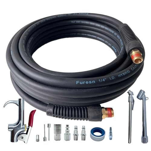 Air Hose 1/4 in x 30 ft, Hybrid Air Compressor Hose Kit with 1/4 in NPT Male Threads, 13 Piece Air Tool & Air Compressor Accessories Kit, Bend Restrictors, 300 PSI (Black, 30FT-13 Pieces) - color: Black