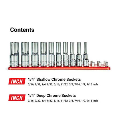 Capri Tools 1/4 Drive Shallow and Deep Chrome Sockets Set, 6-Point, 3/16 to 9/16 in, SAE, 20-Piece with Billet Aluminum Socket Rail - size: Shallow & Deep Set w. Rail / 3/16-9/16 in.