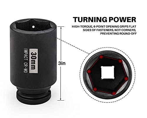 1/2" Drive Deep 6-Point Impact Socket Set/Spindle Axle Nut Impact Socket Set, Metric, Cr-Mo,29mm-38mm, 9-Piece Axle Socket Set - size: 9PC