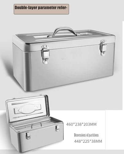 18" Metal ToolBox,Stainless Steel Tool Box,Heavy Duty Portable Tool Box,2 Layer with Carrying Handle metal locking latches make and Removable Tray,for Garage Workshop (Silver)