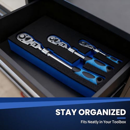 3-Piece Extendable Ratchet Set with 180-Degree Flex Head, 1/4" 3/8" 1/2" Drive, 72-Tooth Quick-Release Reversible Socket Wrench Set, Chrome Vanadium Steel with Storage Tray - size: Extendable&Flex-Head Ratchet