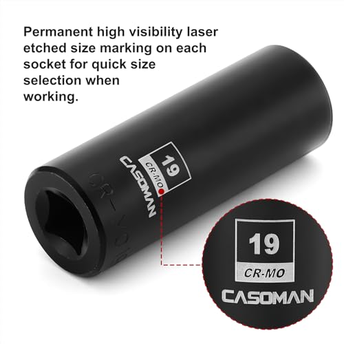 CASOMAN 2PCS 1/2-Inch Drive Deep Impact Socket-19mm, 6-Point, Metric, CR-MO - size: 19 mm, style: 6-Point Socket