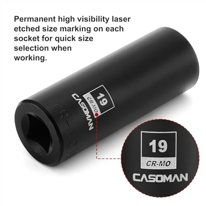 CASOMAN 2PCS 1/2-Inch Drive Deep Impact Socket-19mm, 6-Point, Metric, CR-MO - size: 19 mm, style: 6-Point Socket